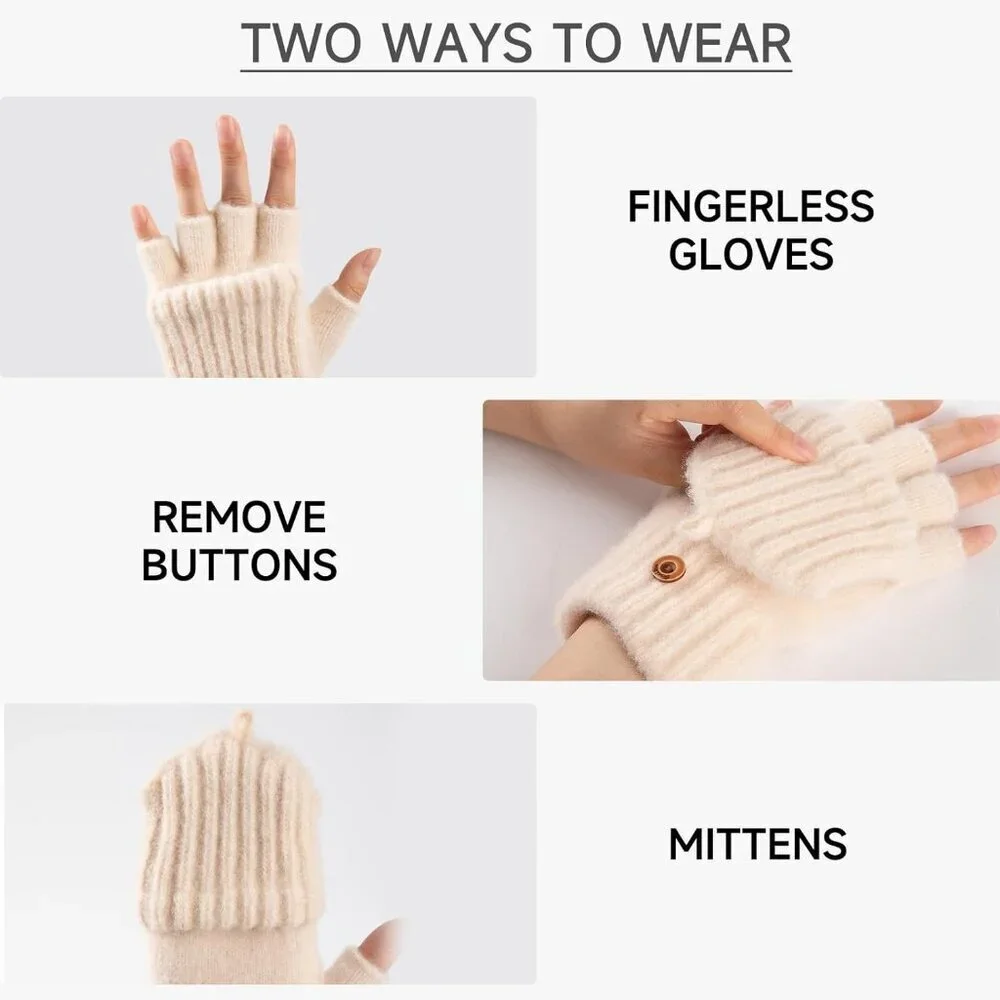 Women's Winter Warm Mittens Knitted Beige Gloves Fingerless Button Closure